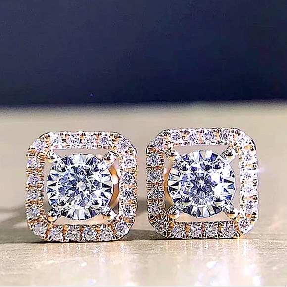 Zircon Halo Square Cut Earrings, Princess Cut Stud - Picture 1 of 4